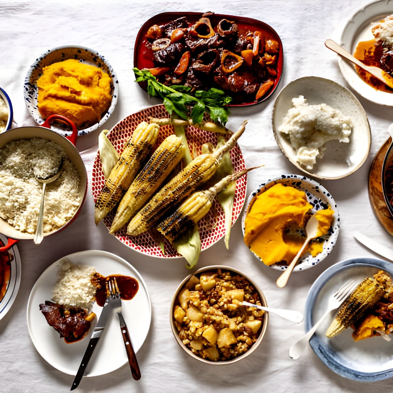 Traditional Xhosa feast spread with grilled mealies, umngqusho, pap, samp and slow-braised meat at Café Riza